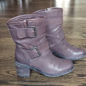 Sam Edelman Troy block hee heel moto buckle boots - brown leather - size 6.5